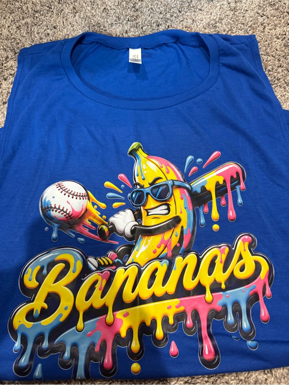 Women’s Blue Graphic Tank Top with Colorful 'Bananas' Baseball Design